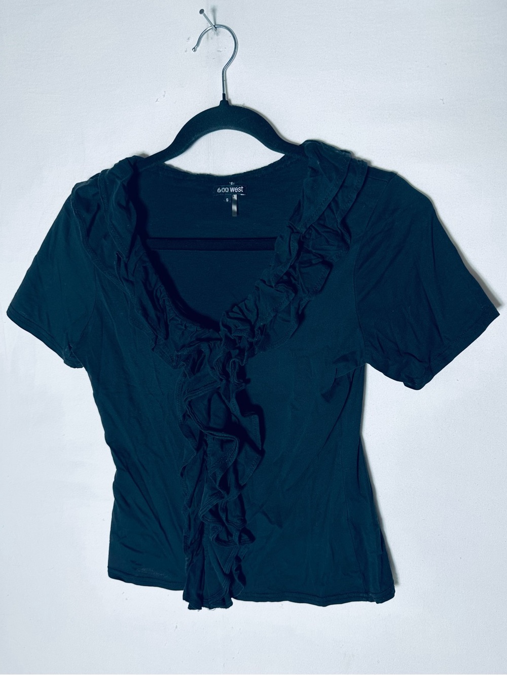 600 West Black Ruffle V Neck Short Sleeve Top Cotton Cottagecore Coquette S